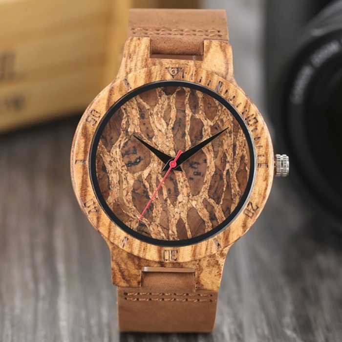 Ξύλινο χειροποίητο ρολόι bamboo Φυσικό με δερμάτινο λουράκι - 1