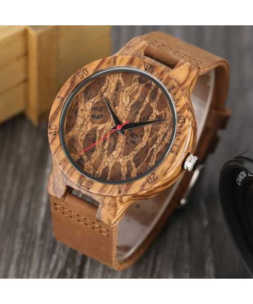 Ξύλινο χειροποίητο ρολόι bamboo Φυσικό με δερμάτινο λουράκι - 2