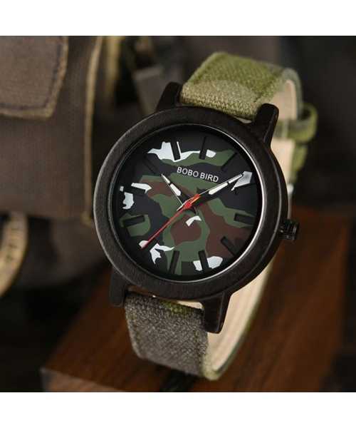 Ξύλινο χειροποίητο ρολόι bamboo Army Green με Nylon λουράκι - 1