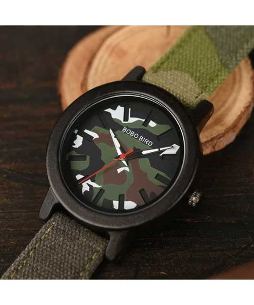 Ξύλινο χειροποίητο ρολόι bamboo Army Green με Nylon λουράκι - 2