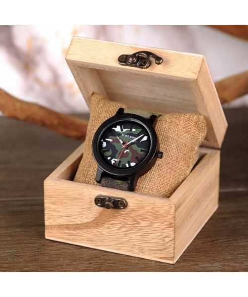 Ξύλινο χειροποίητο ρολόι bamboo Army Green με Nylon λουράκι - 3
