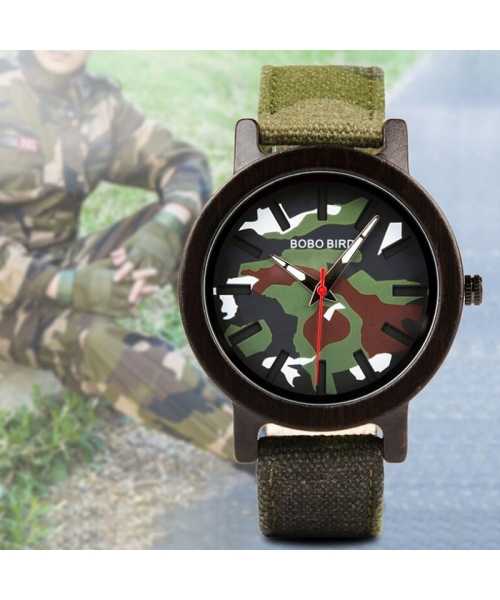 Ξύλινο χειροποίητο ρολόι bamboo Army Green με Nylon λουράκι - 6