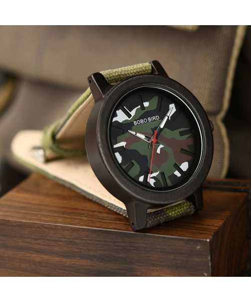 Ξύλινο χειροποίητο ρολόι bamboo Army Green με Nylon λουράκι - 8