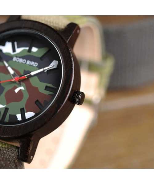 Ξύλινο χειροποίητο ρολόι bamboo Army Green με Nylon λουράκι - 9