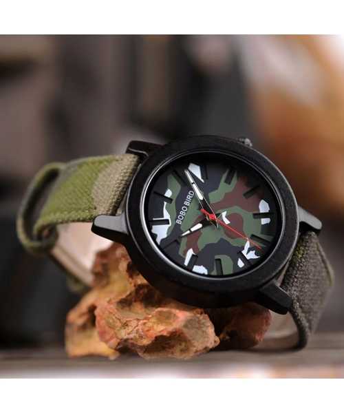 Ξύλινο χειροποίητο ρολόι bamboo Army Green με Nylon λουράκι - 10
