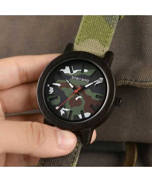 Ξύλινο χειροποίητο ρολόι bamboo Army Green με Nylon λουράκι - 11