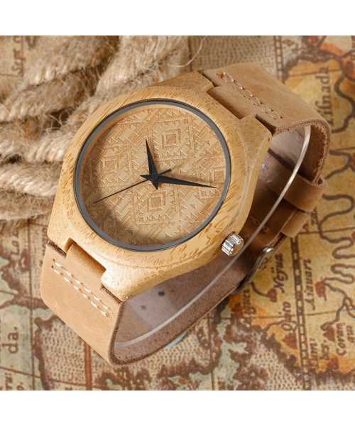 Ξύλινο χειροποίητο ρολόι bamboo Γεωμετρικά σχέδια & δερμάτινο λουράκι - 2