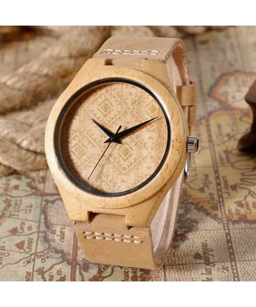 Ξύλινο χειροποίητο ρολόι bamboo Γεωμετρικά σχέδια & δερμάτινο λουράκι - 1