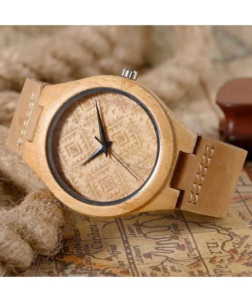 Ξύλινο χειροποίητο ρολόι bamboo Γεωμετρικά σχέδια & δερμάτινο λουράκι - 4