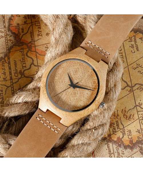 Ξύλινο χειροποίητο ρολόι bamboo Γεωμετρικά σχέδια & δερμάτινο λουράκι - 5