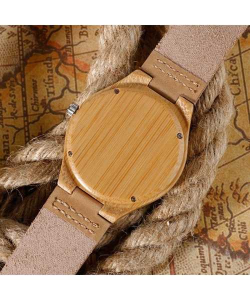 Ξύλινο χειροποίητο ρολόι bamboo Γεωμετρικά σχέδια & δερμάτινο λουράκι - 6